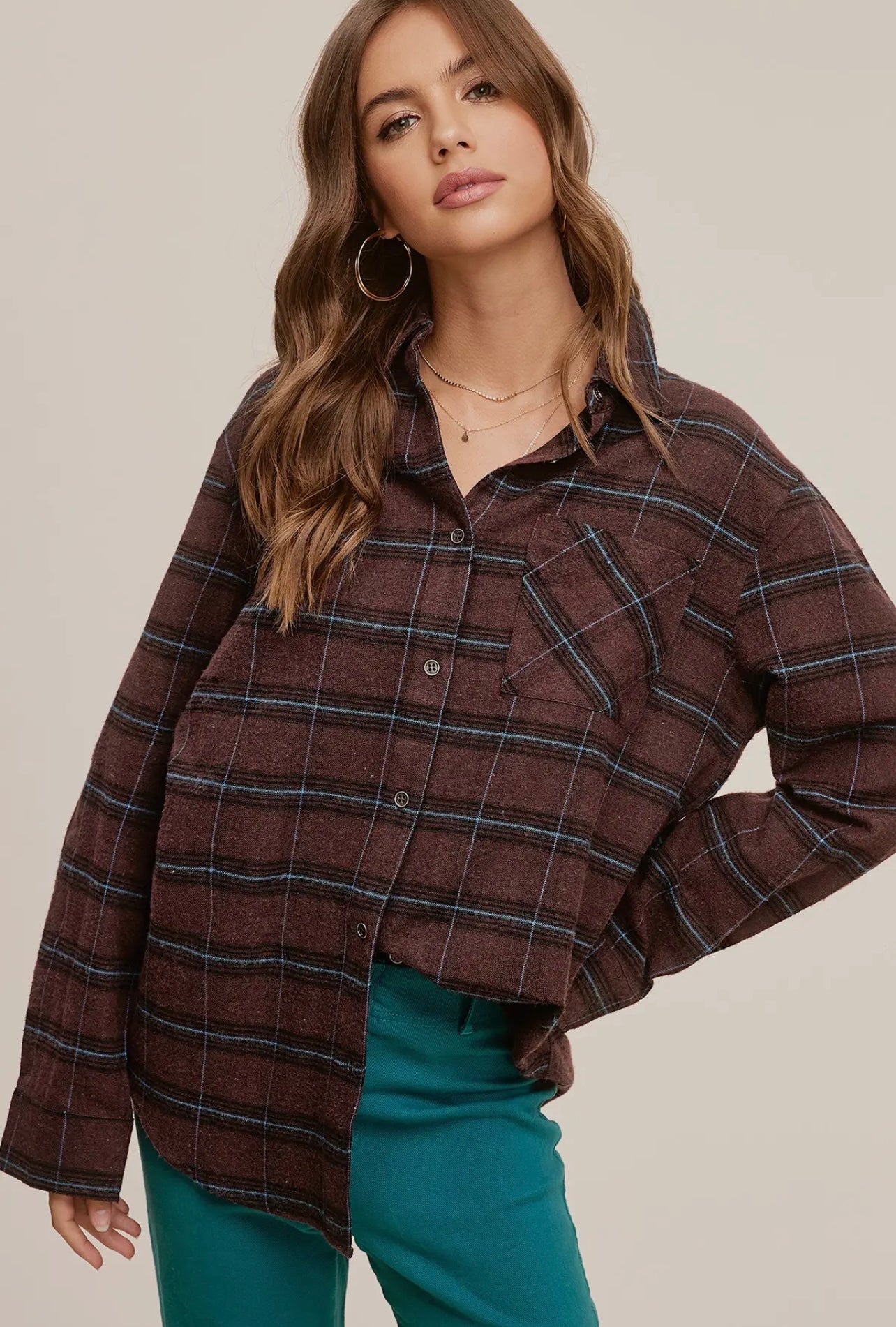 Brown plaid button up