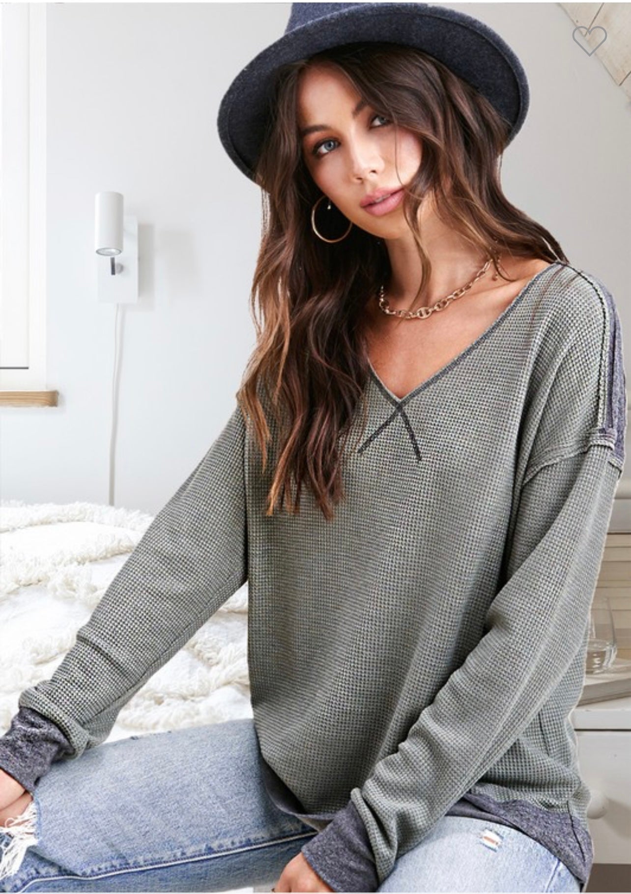 Green & gray waffle knit long sleeve